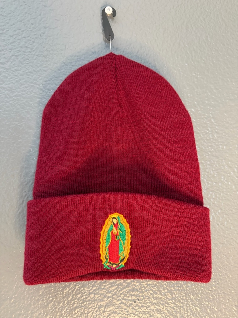 Burgundy Beanie with Colorful Virgin Mary Patch